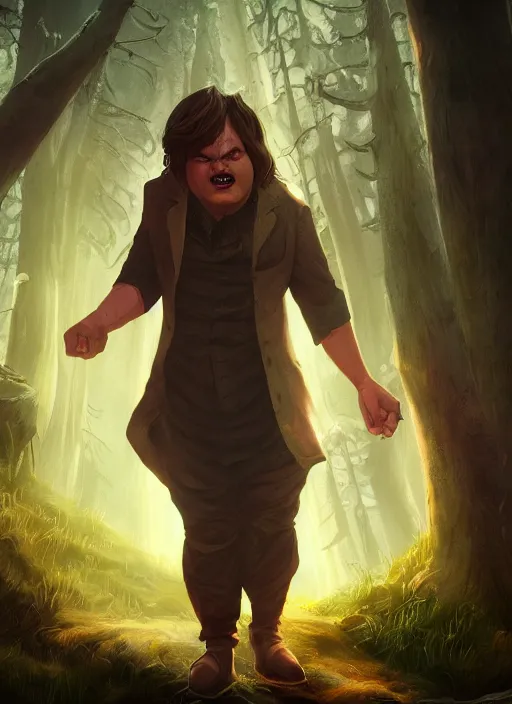 Image similar to A fantasy comic book style portrait painting of a jack black as a slender hobbit in a atmospheric forest setting, unreal 5, DAZ, hyperrealistic, octane render, RPG portrait, ambient light, dynamic lighting