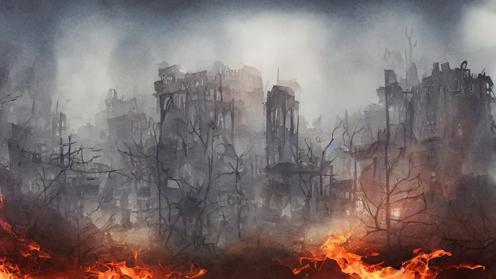 Prompt: a watercolor painting of an abandoned city in hell, scary, foggy, fantasy, smoke, fire, circular, digital art,