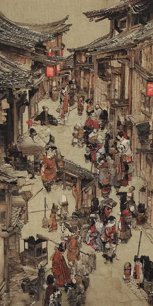 Image similar to oil painting scene from medieval japanese village art by kim jung gi