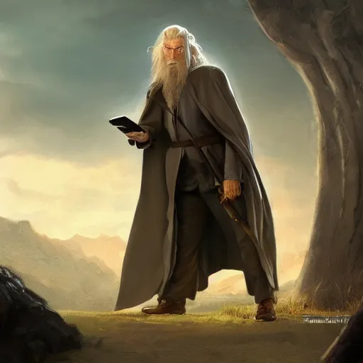 Image similar to Movie still of Saul Goodman as Gandalf holding a phone, fantasy, highly detailed, digital painting, artstation, concept art, sharp focus, illustration, art by Tony Sart and artgerm and randy vargas