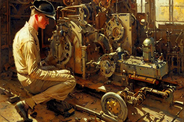 Image similar to male repairing machine, dieselpunk, painting by gaston bussiere, craig mullins, j. c. leyendecker