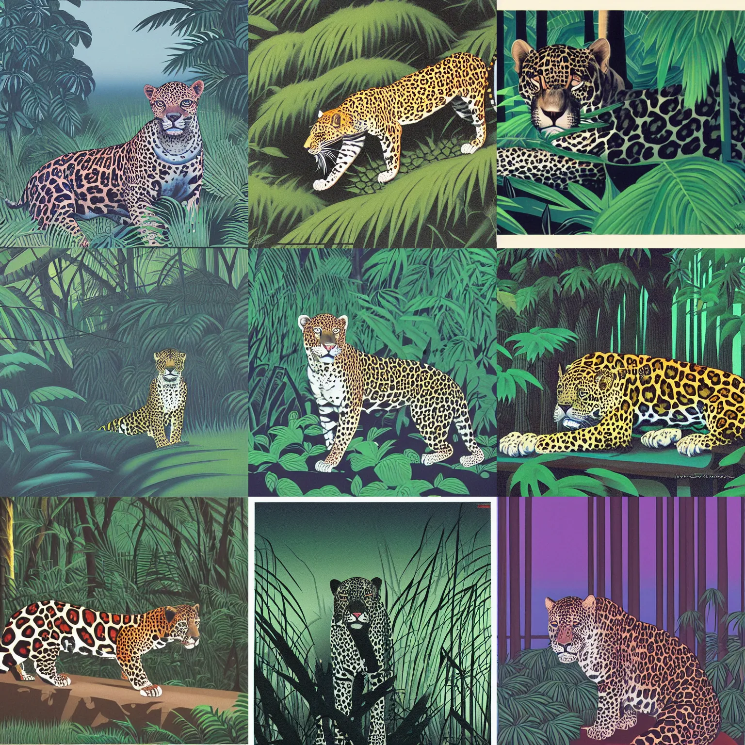 Prompt: intense jaguar in a dark misty jungle, painted by Hiroshi Nagai. Aesthetics of Hiroshi Nagai
