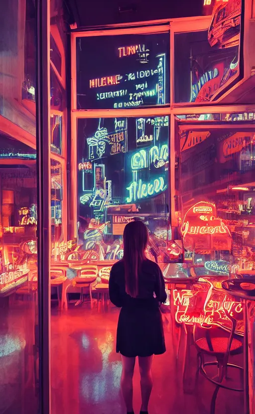 Image similar to vertical movie frame portrait of girl in 5 0's retro restaurant interior, neon - decorated urban on night in the city seen through the window, modern interior design, architectural design, vintage, night blade runner, dark, postapocalyptic, clean lines, 4 k, octane, asian futuristic city at distance, big windows, octane, wide angle