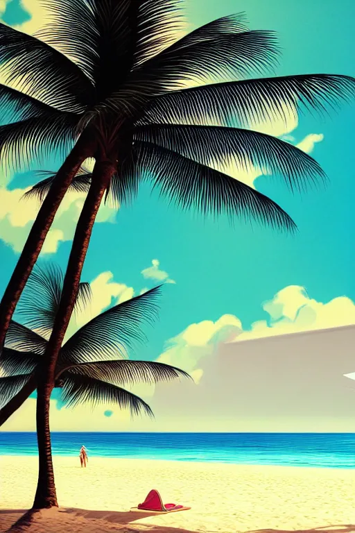 Image similar to beach, ocean, palm trees, sunshine, first person view, scenery wallpaper aesthetic, beautiful, cinematic, dramatic, super detailed and intricate, hyper realistic, 4 k render, by koson ohara, by darwyn cooke,