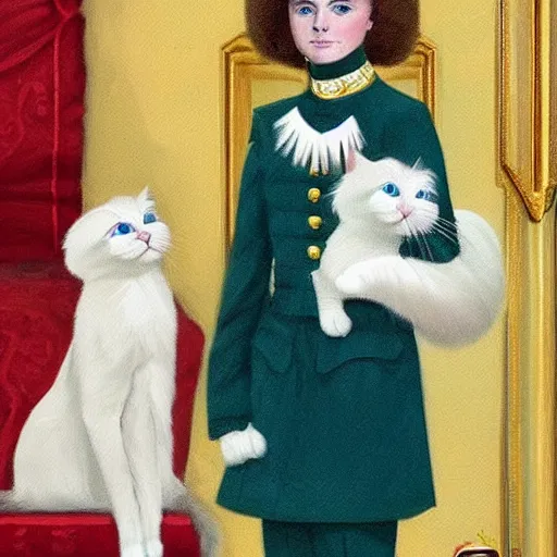 Prompt: royal painting of a cream colorpoint ragdoll cat. beautiful officers uniform