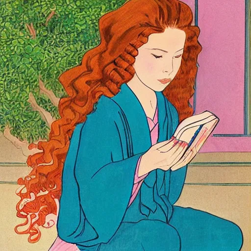 Prompt: beautiful little girl with long curly red hair dressed in a pink kimono and sitting next to a tree while reading a book, artwork made in western comic art style, inspired in balthus, anatomically correct, higher details