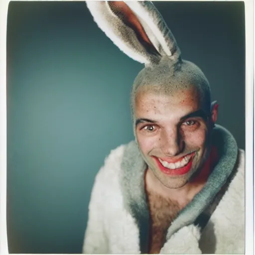 Prompt: grainy head to shoulder portrait polaroid film photograph of a man wearing a bunny costume in a rave party. looking at the camera!!. super resolution. extremely detailed. polaroid 6 0 0 film. by annie leibovitz and richard avedon