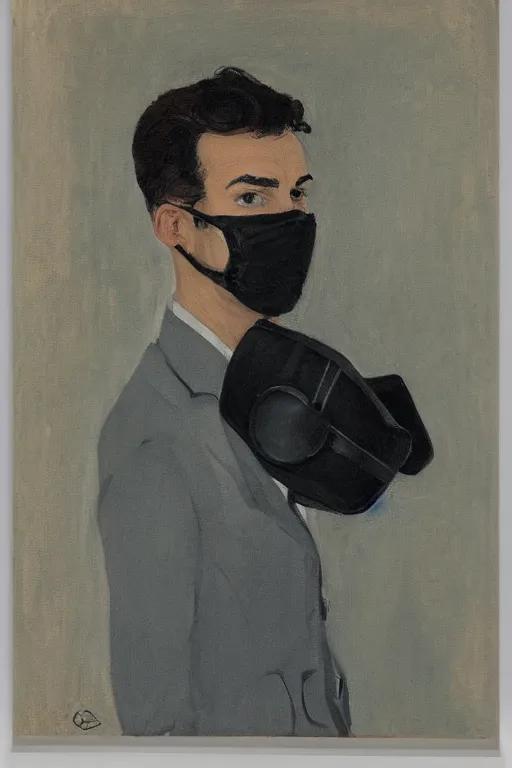 Image similar to portrait of young man wearing black medical mask, style of coby whitmore