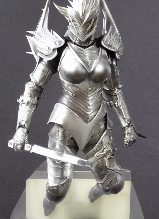 Image similar to 80mm, resin detailed model figure of a female wearing a silver dragon armor without helmet