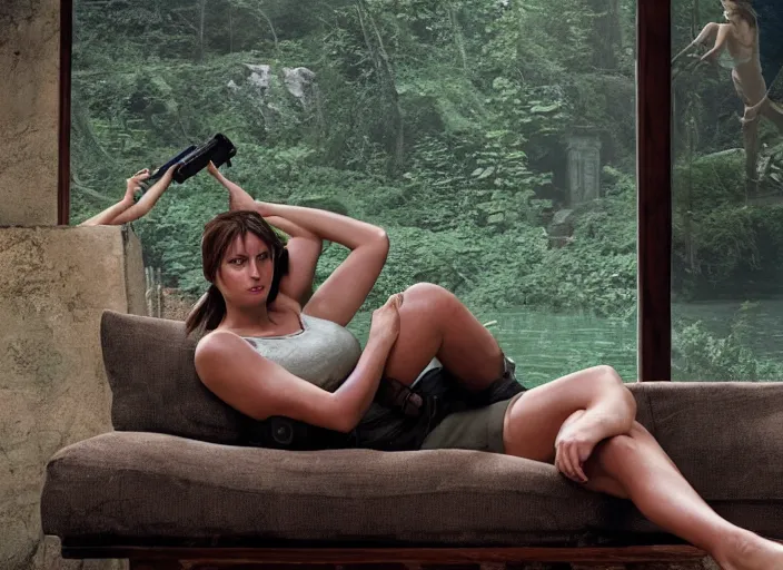 Image similar to Lara Croft relaxing on the couch, Gregory Crewdson, Joel Sternfeld