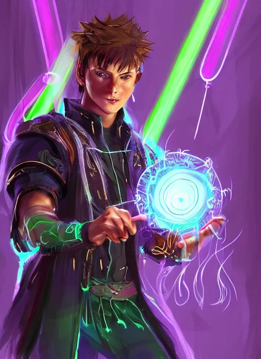 Image similar to character concept portrait of a handsome young wizard with olive skin and buzzed short spiky hairstyle casting a spell with apleasantly surprised expression. glowing runes in swirling neon light, an iridescent spell book hovering in mid-air. glowing magic dust swirling. intricate, elegant, digital painting, concept art, smooth, sharp focus, illustration, from Metal Gear, by Ruan Jia and Mandy Jurgens and Artgerm and William-Adolphe Bouguereau