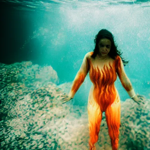 Image similar to woman covered in fire flames, underwater, 35mm film