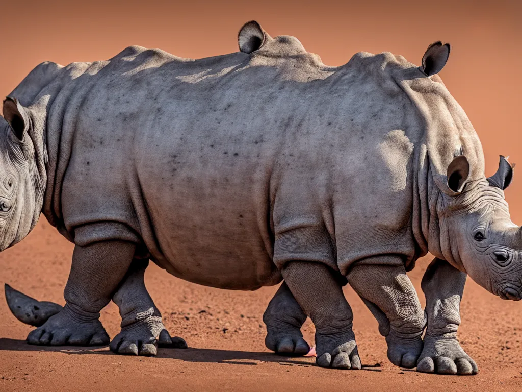 Prompt: hyper realistic rhino in the sahara with lions photography 5 0 mm nikon