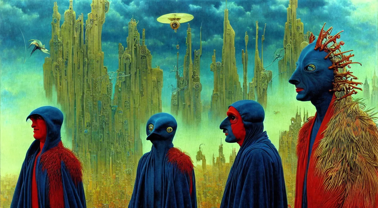 Image similar to realistic detailed portrait movie shot of a birdman wearing dark robes, sci fi city landscape background by denis villeneuve, amano, yves tanguy, alphonse mucha, ernst haeckel, max ernst, roger dean, masterpiece, rich moody colours, blue eyes, occult