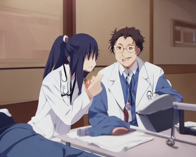 Image similar to a cute young female doctor wearing white coat are talking with an old surgeon in a hospital, slice of life anime, lighting, anime scenery by Makoto shinkai