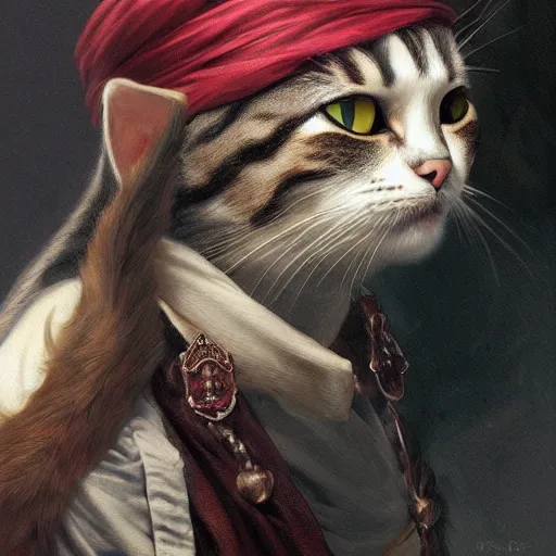 Image similar to Portrait of a Cat as a Pirate, photo, highly detailed oil painting, photorealistic, highly detailed, digital painting, artstation, concept art, smooth, sharp focus, illustration, art by artgerm and greg rutkowski and alphonse mucha