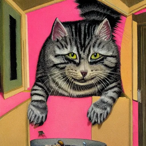 Image similar to absolutely yoked shredded physique fuzzy furry ears Portrait of Lou Ferrigno camouflaged as Tabby Cat whilst wearing a pink tuxedo Standing atop a Garbage Truck Eric Ravilious Edward Hopper Newell Convers Wyeth Andrew Wyeth Jamie Wyeth