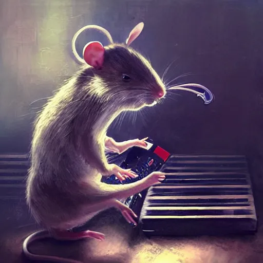 Image similar to a rat cyborg playing with a tb-303 synthesizer, by ruan jia