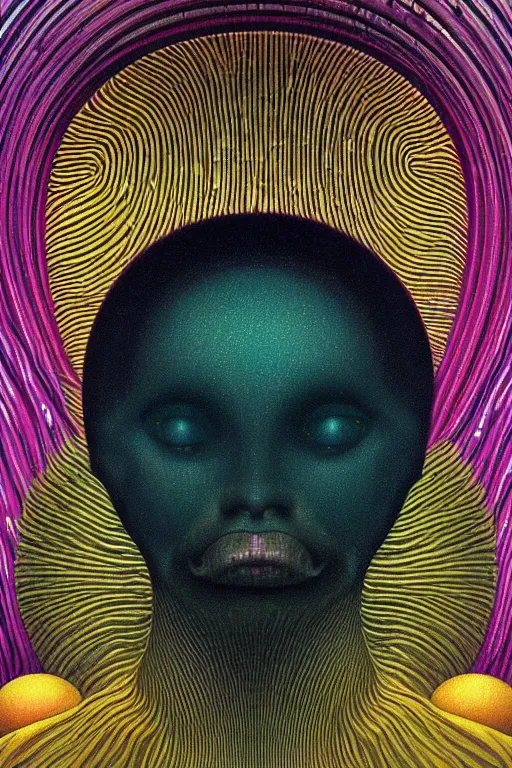 Prompt: 8 0 s art deco close up portait of mushroom head with big mouth surrounded by spheres, rain like a dream digital painting curvalinear clothing cinematic dramatic fluid lines otherworldly vaporwave interesting details epic composition by artgerm rutkowski moebius francis bacon gustav klimt