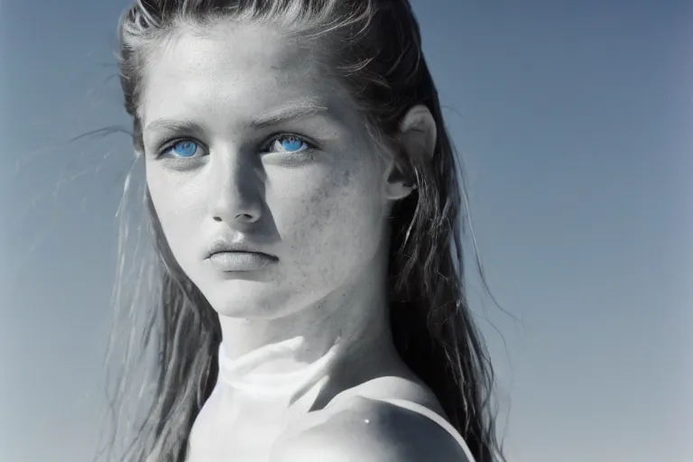 Prompt: close up portrait photography of a beautiful model with bright blue eyes standing in front of ocean, 35mm, kodak film photo, Patrick Demarchelier