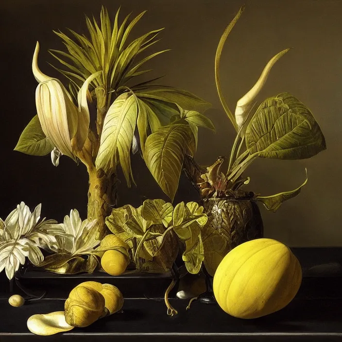 Image similar to still life painting of exotic alien plants by pieter claesz, oil on canvas, strong lighting, highly detailed, hyper realism, golden hour, god rays, hd, 4 k