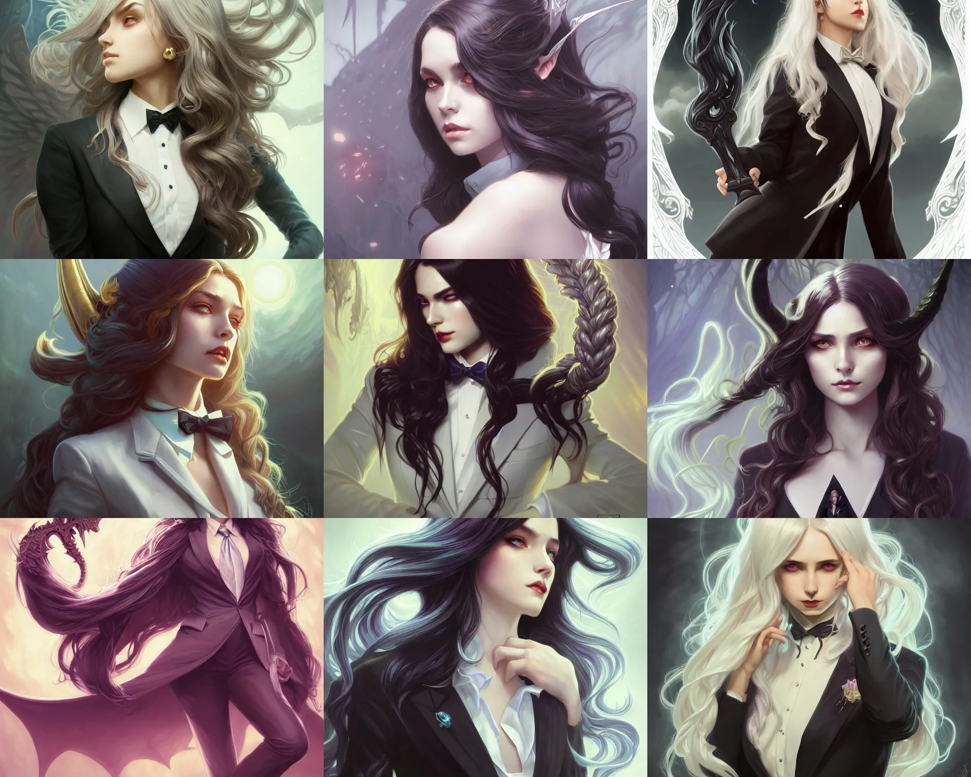 Prompt: confident demon girl with long wavy white hair, wearing a suit and tie, deep focus, d & d, fantasy, intricate, elegant, highly detailed, digital painting, artstation, concept art, matte, sharp focus, illustration, hearthstone, art by artgerm and greg rutkowski and alphonse mucha