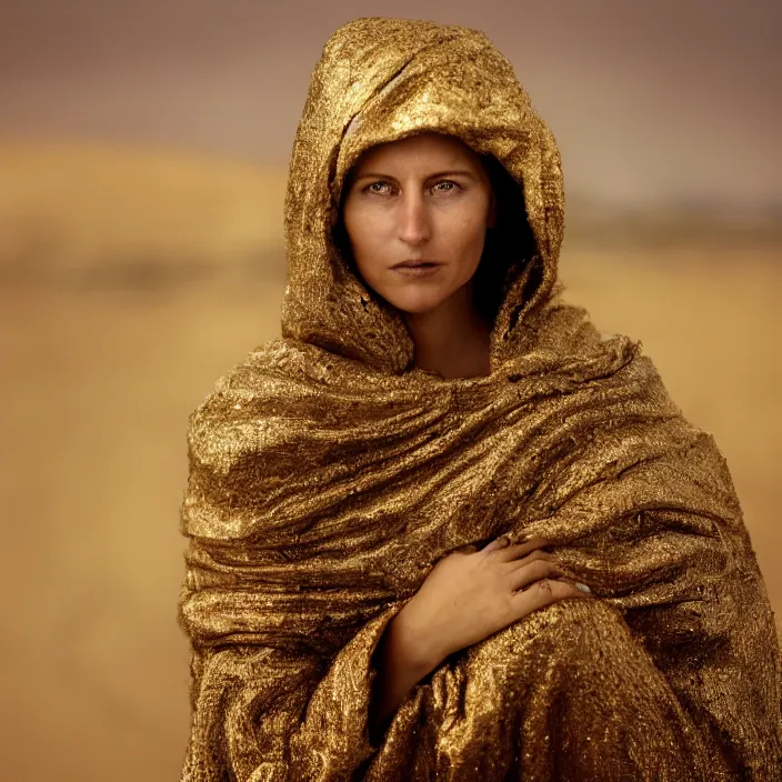 Image similar to closeup portrait of a woman wearing a cloak made of gold, standing in a landfill, by Annie Leibovitz and Steve McCurry, natural light, detailed face, CANON Eos C300, ƒ1.8, 35mm, 8K, medium-format print