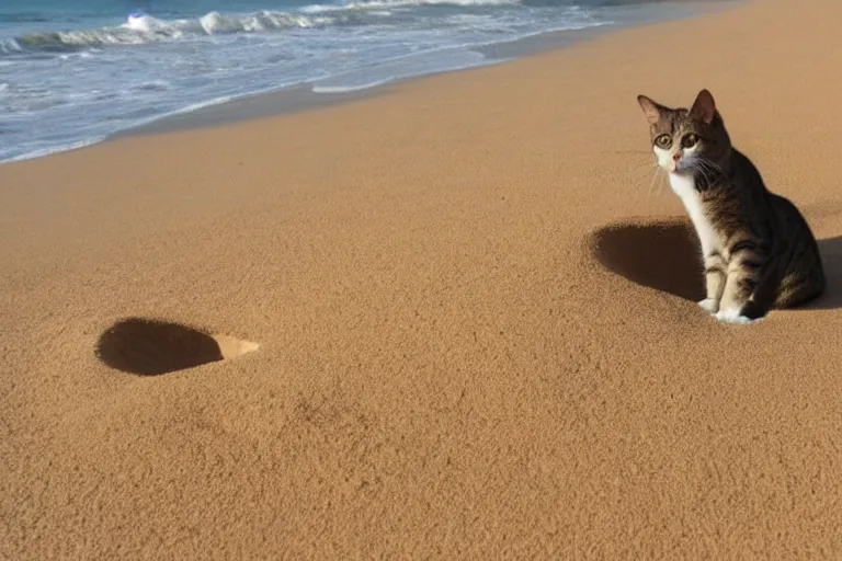 Prompt: a cat inside the sand on the beach