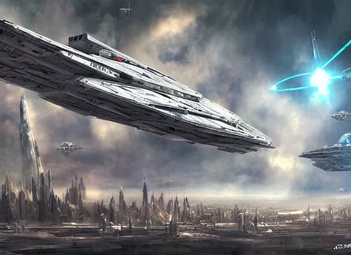 Image similar to a large spaceship seen from the surface of a busy metropolis, star wars digital art