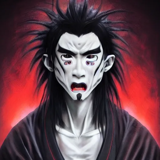 Image similar to demon martial artist, handsome japanese demon boy, young adult yokai with long spiky black hair, vampire, vantablack gi, simple clothes, red eyes, ultra realistic, intricate details, highly detailed, subsurface scattering, photorealistic, octane render, 8 k, art by artgerm, greg rutkowski, magali villeneuve, alphonse mucha