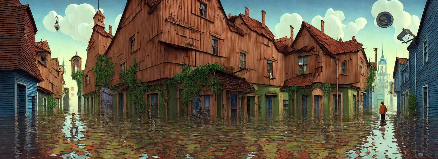 Image similar to flooded! old wooden empty cursed city street, very coherent and colorful high contrast masterpiece by gediminas pranckevicius franz sedlacek rene magritte norman rockwell, full - length view, dark shadows, sunny day, hard lighting, reference sheet white background