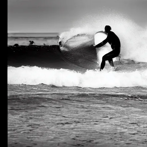 Image similar to a cyborg wearing welding goggles surfs a wave in waimea bay on a 1 0 - foot wooden longboard at sunset, black and white film photograph.