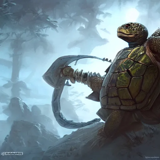 Prompt: Anthropomorphized turtle in battle armour, D&D, fantasy, cinematic lighting, highly detailed, digital painting, artstation, concept art, smooth, sharp focus, illustration, warm light, cozy warm tint, magic the gathering artwork, volumetric lighting, 8k, no gold, no gold colours, art by Akihiko Yoshida, Greg Rutkowski