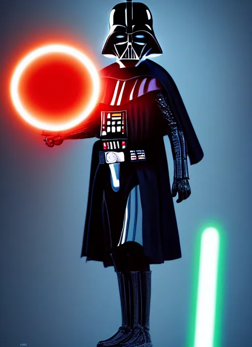 Image similar to kid wearing darth vader costume holding light saber - 3 d vfx art - of the sun, art style by james jean & hsiao - ron cheng, character concept art, unreal engine render, digital illustration, sharp, intricate detail, volumetric light, ray tracing, soft light, symmetric, pinterest, artstation, behance,