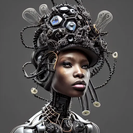 Prompt: portrait of an absurdly beautiful, graceful, sophisticated, fashionable black cyberpunk mechanoid gravure idol, hyperdetailed illustration by irakli nadar, maria borges, matt wisniewski style, intricate linework, dark skin, neon jellyfish headdress, intricate ivory carved ruff, unreal engine 5 highly rendered, global illumination, radiant light, detailed and intricate environment