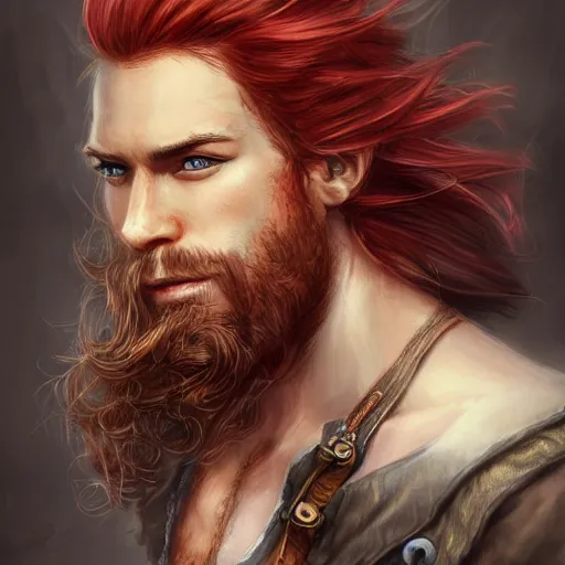 Prompt: rugged playful pirate, 3 0 years old, male, handsome, masculine, red hair, long hair, soft hair, fantasy, intricate, elegant, highly detailed, steampunk, airship, digital painting, artstation, concept art, character art, smooth, sharp focus, illustration, art by artgerm