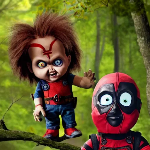 Image similar to chucky the doll and deadpool in the woods together 4 k detailed super realistic