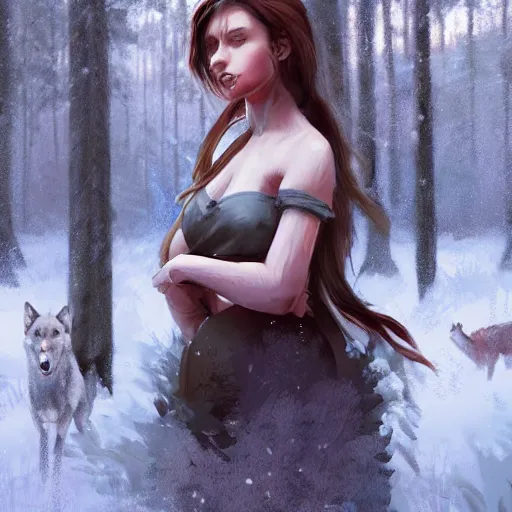 Image similar to a pretty girl surrounded by wolves, in the woods, digital painting, photorealistic, in the style of greg rutkowski, full body, detailed face