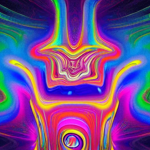 Prompt: a big flowing trippy cartoon blorjwargle excitedly holding a pandoras box of dripping colors, everything is fractally melting, complex jelly jello hyperspace cubisms are everywhere, surrealism pareidolia smiles all over, complimentary bioluminescent colors, hd quality, digital art