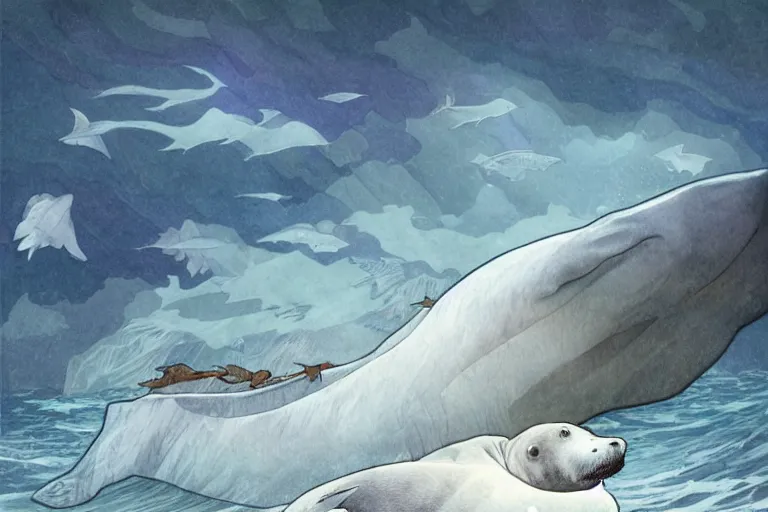 Image similar to a pilosaurus hunting a baby harp seal in the Arctic, swimming among fish in a gray and blue ocean of worrying intent, water color, art by artgerm and greg rutkowski and alphonse mucha and jin xiaodi and anthony devine