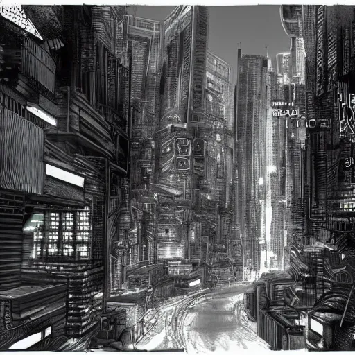 Prompt: a pencil drawing of cyberpunk Manila in the far future