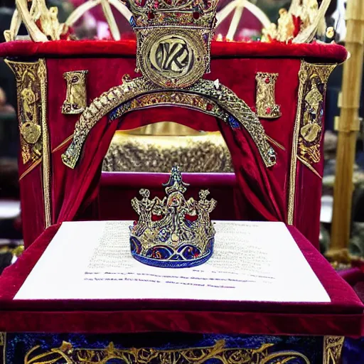 Image similar to a large ornate crown with sapphires and engraved runes, placed upon a crimson altar, d & d, photo