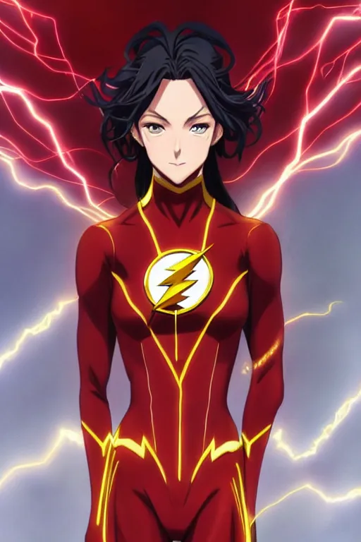 Image similar to anime key visual of a beautiful female the flash!! intricate, red, black, gold suit, powers, speed, lightning hate, dc comics, cinematic, stunning, highly detailed, digital painting, artstation, smooth, hard focus, illustration, art by artgerm and greg rutkowski and alphonse mucha