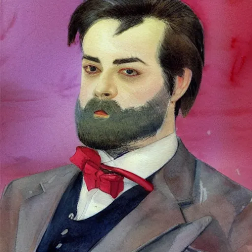 Image similar to Portrait of a handsome man with thick mutton chops. shaved chin, wearing a suit. colorful necktie, pale white face, long messy hair, long hair, ((red)) baggy eyes, tired eyes, tired face, disco smile, watercolor, brushstrokes, high detail, artstation, medium detail, by Ilya Repin and Dave McKean