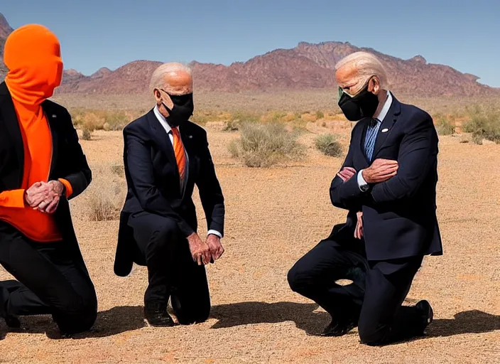 Image similar to joe biden kneeling down in the desert in an orange prison outfit, next to him are two men dressed in full black with black balaclavas, 3 5 mm photograph