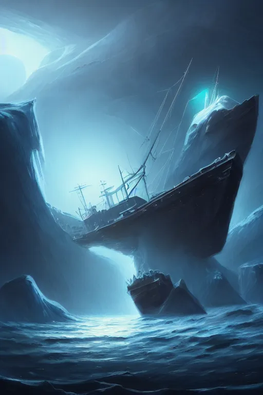 Prompt: concept art by jama jurabaev, cel shaded, cinematic shot, trending on artstation, high quality, brush stroke, vibrant colors, a mysterious giant ghost ship trapped in the glacier