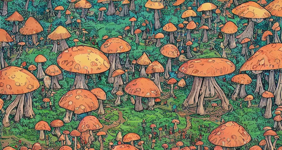 Image similar to A tribal village in a forest of giant mushrooms, by james jean,