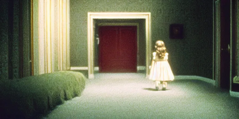 Image similar to photorealistic ultra wide cinematography of danny and wendy torrance from stanley kubrick's 1 9 8 0 film the shining, walking inside and navigating through the hedge labyrinth outside overlook hotel shot on 3 5 mm eastman 5 2 4 7 film by the shining cinematographer john alcott shot on a wide kinoptik tegea 9. 8 mm lens. with golden ratio composition