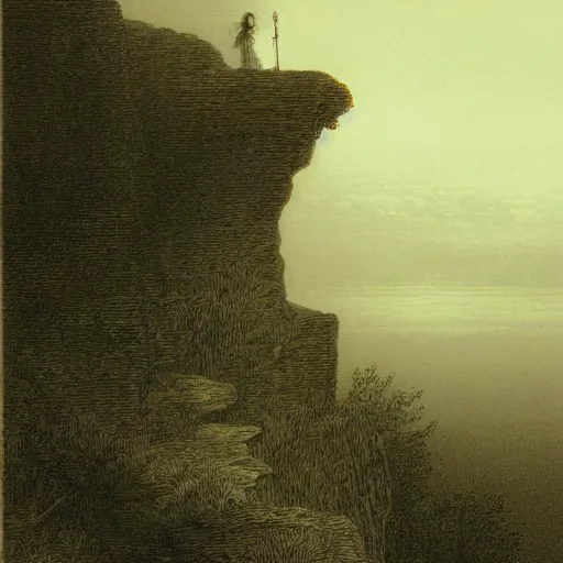 Image similar to A lonely woman, distant city, forest, cliff, illustration by Paul Gustave Doré