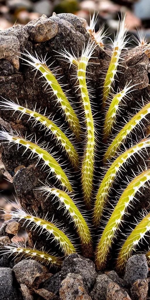 Image similar to professional photo shot of a scutigera cactus made of silica crystal spikes, melted with rocks in the background, microscopic picture, droplets of water, grimy, gritty, trending on artstation, award winning, close shot, by aleks labuda and barry webb